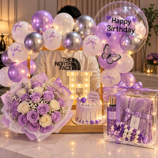 Luxury purple birthday decoration set with balloon arch, rose bouquet, cake and gift box